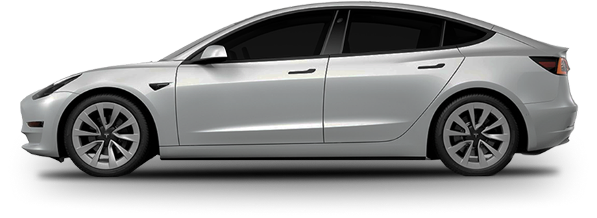 Side view of a silver Tesla Model 3 with dark tinted windows, aerodynamic styling, and flush door handles, set against a plain background.