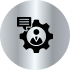 Silver circular icon featuring a gear with a person inside wearing a tie, and a speech bubble next to it, symbolizing customer service or support.