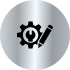 Silver circular icon displaying a gear with a wrench inside and a pencil beside it, symbolizing customization, design, or technical adjustments.