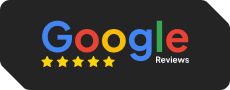 Google Reviews badge featuring the Google logo with five yellow stars below it on a black background, indicating a high customer rating.
