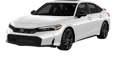 Front-side view of a white Honda Civic Si sedan with black alloy wheels, black trim, and tinted windows. The car is shown against a clean white background, highlighting its sporty design.