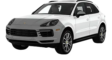 Front three-quarter view of a white Porsche Cayenne SUV with black trim and alloy wheels, showcasing its sporty and upscale design.