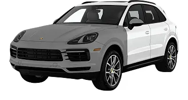 Front three-quarter view of a white and grey Porsche Cayenne SUV with dark-tinted windows and alloy wheels, highlighting a two-tone exterior design.