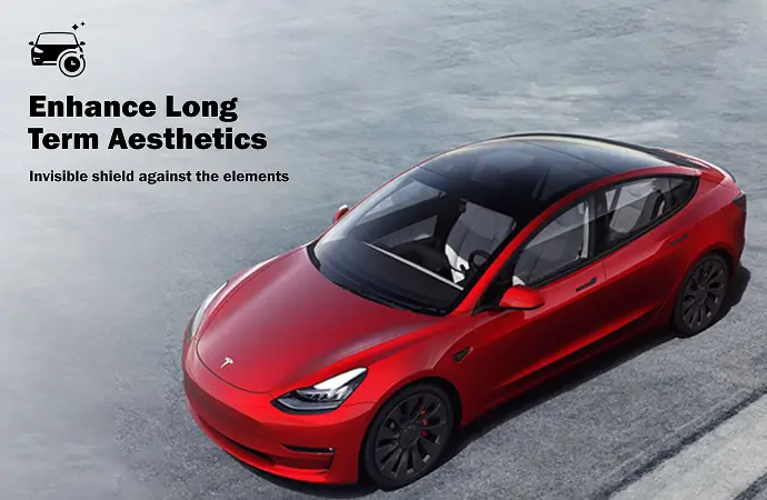 Overhead view of a red Tesla Model 3 parked on a concrete surface with text that reads "Enhance Long Term Aesthetics" and "Invisible shield against the elements."