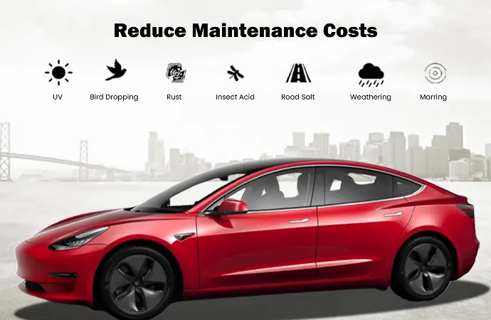 Side view of a red Tesla Model 3 with icons and text above it listing threats like UV, bird droppings, rust, insect acid, road salt, weathering, and marring under the headline "Reduce Maintenance Costs."