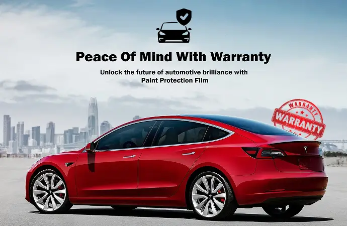 Rear side view of a red Tesla Model 3 parked in front of a city skyline with overlay text that reads "Peace Of Mind With Warranty" and "Unlock the future of automotive brilliance with Paint Protection Film," along with a red warranty stamp.
