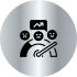Silver circular icon with a satisfaction gauge showing three faces—unhappy, neutral, and happy—above a needle pointing to the happy face, representing positive customer feedback or service rating.