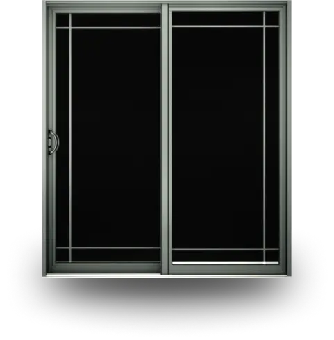 Front view of a closed black sliding glass door with a sleek metal frame and modern gridline design.