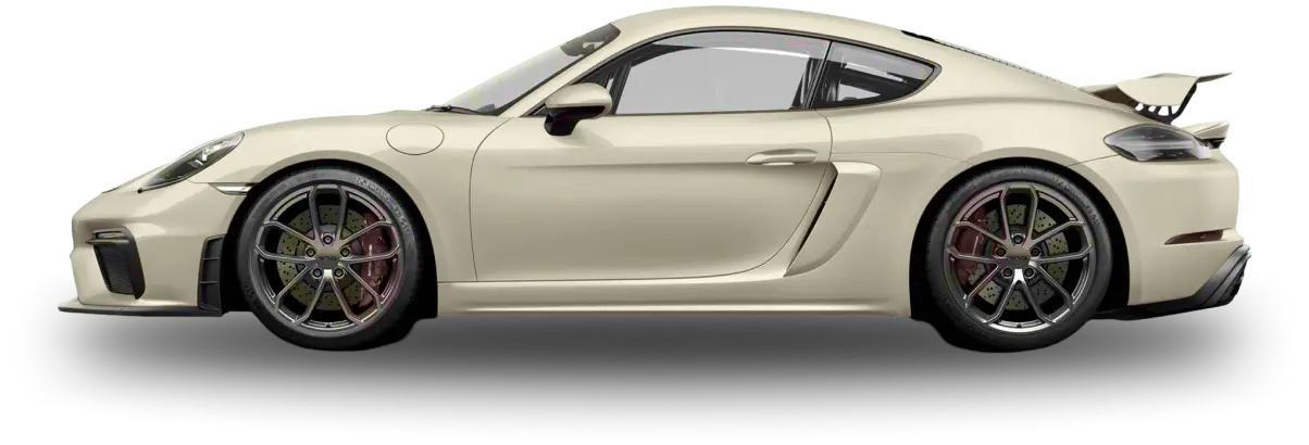 Side view of a cream-colored Porsche 718 Cayman GT4 with black wheels, red brake calipers, and a prominent rear wing spoiler.
