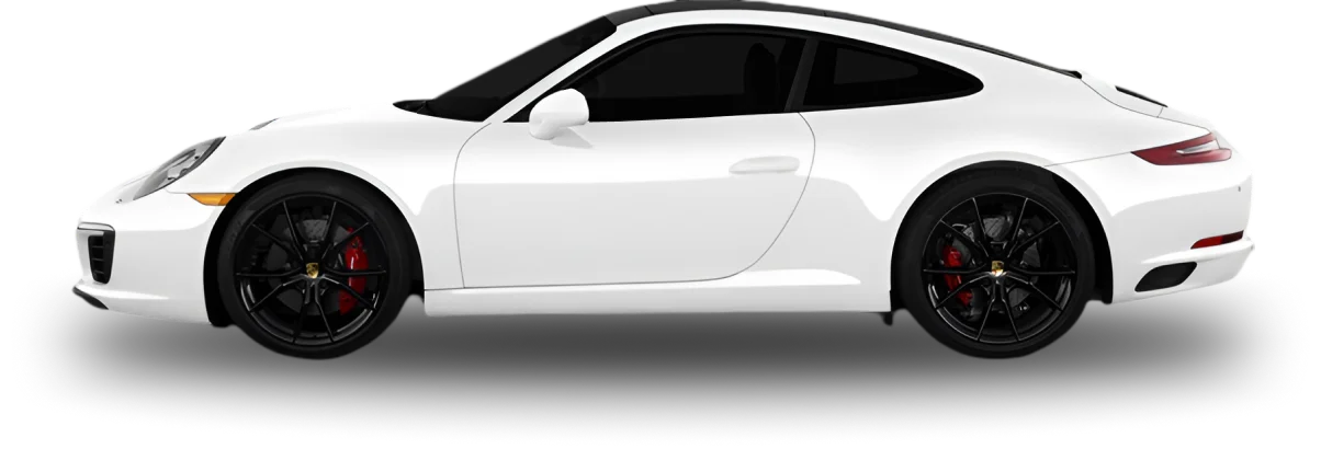Side profile of a sleek white Porsche 911 sports car with black wheels, red brake calipers, and tinted windows. The car is parked on a shadowed surface with a clean, minimalist background.