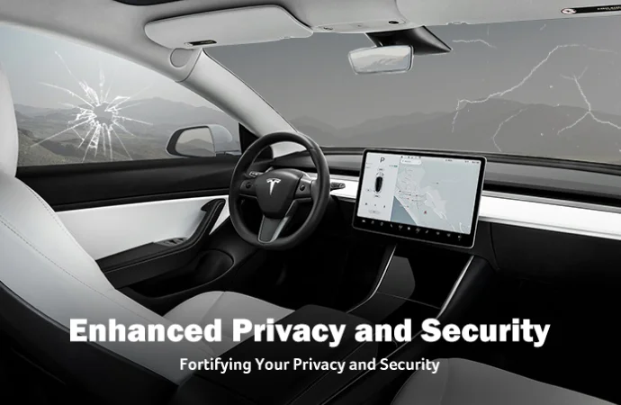 Interior view of a Tesla with visible cracks in the side and rear windows, displaying a large central touchscreen and white-and-black seats. Text overlay reads "Enhanced Privacy and Security – Fortifying Your Privacy and Security."