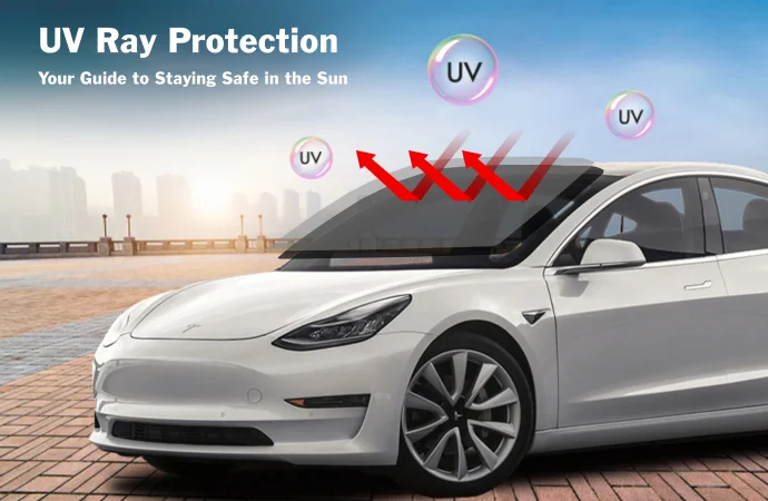 White Tesla parked on a brick surface with red arrows and UV-labeled bubbles illustrating UV ray protection through the windshield. Text overlay reads "UV Ray Protection – Your Guide to Staying Safe in the Sun."