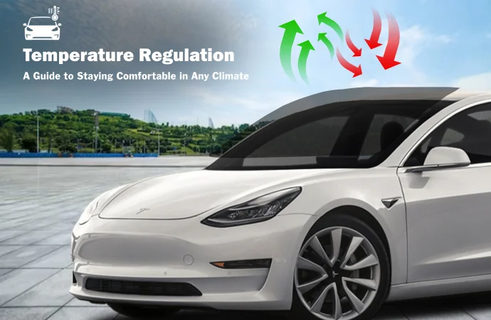 White Tesla parked outdoors with illustrated red and green arrows above the windshield showing heat deflection and cool air retention. Text overlay reads "Temperature Regulation – A Guide to Staying Comfortable in Any Climate."