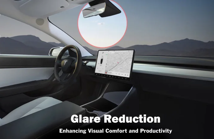 Interior of a Tesla with a clear view of the dashboard and touchscreen, featuring a highlighted sun glare through the windshield with text overlay reading "Glare Reduction – Enhancing Visual Comfort and Productivity."