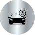 Silver circular icon showing a front-facing car with a circled “R” symbol above it, representing registered or branded automotive services.