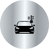 Silver circular icon showing a front-facing car with a thermometer and heat waves above it, symbolizing interior heat reduction.