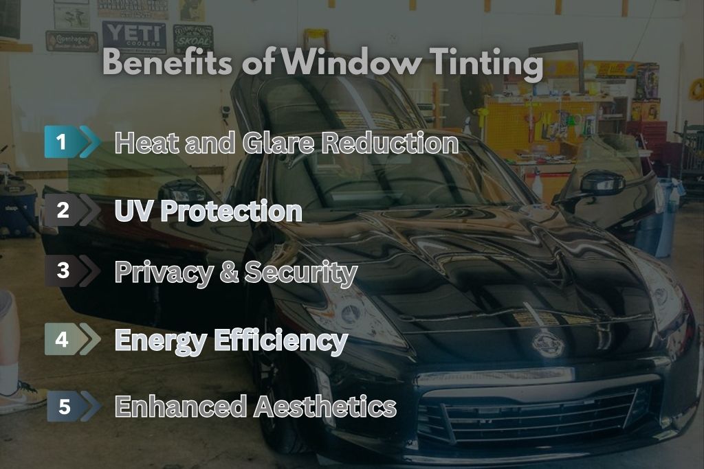 Infographic overlaid on an image of a sleek black car in a garage, listing five benefits of window tinting: heat and glare reduction, UV protection, privacy and security, energy efficiency, and enhanced aesthetics. The vibrant text highlights key advantages of tinting for comfort, safety, and style.
