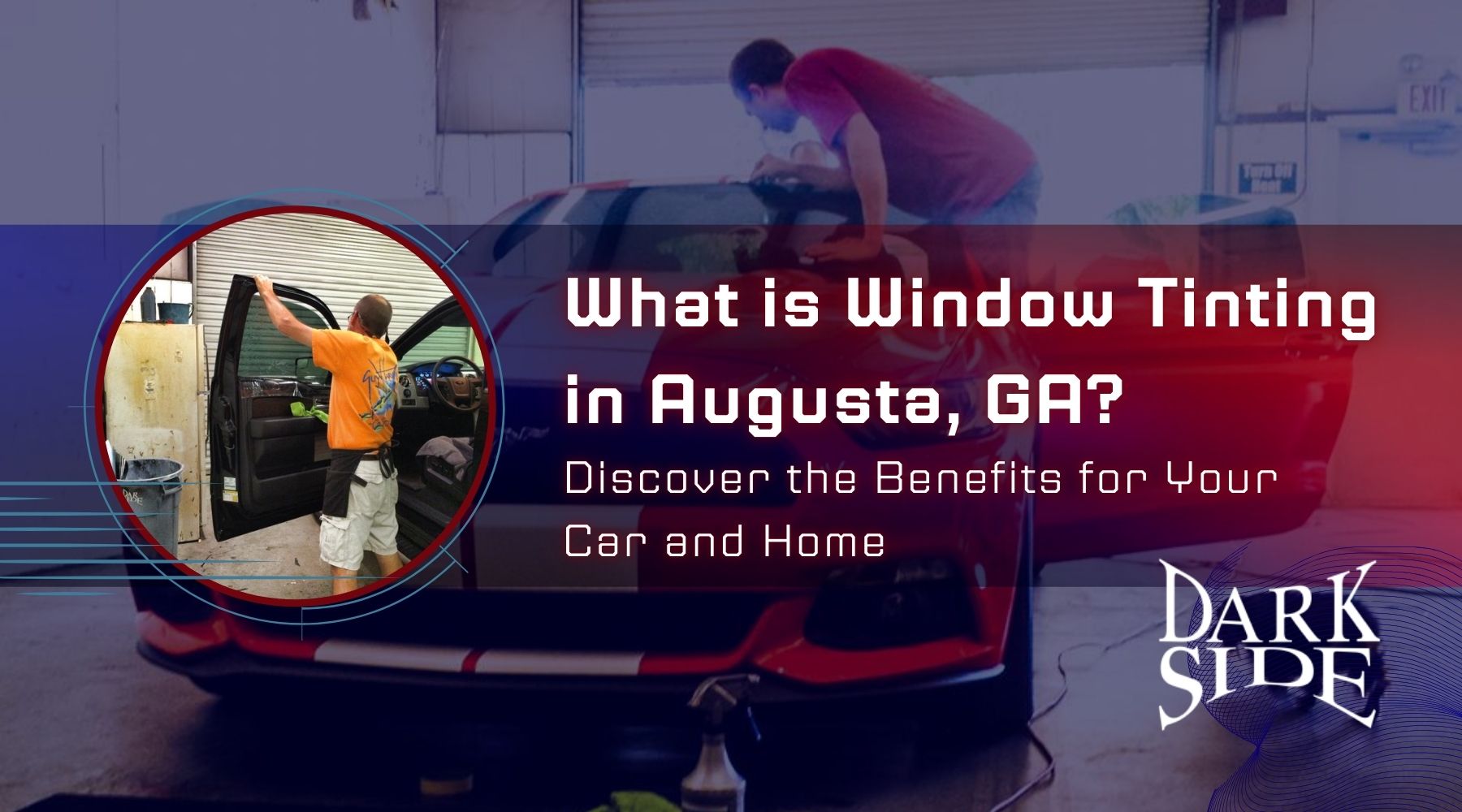 A close-up of a car window being tinted by a technician in Augusta, GA, with sunlight streaming in the background. The image visually represents the process of window tinting to reduce heat and UV exposure, answering the question: What is Window Tinting in a local context.