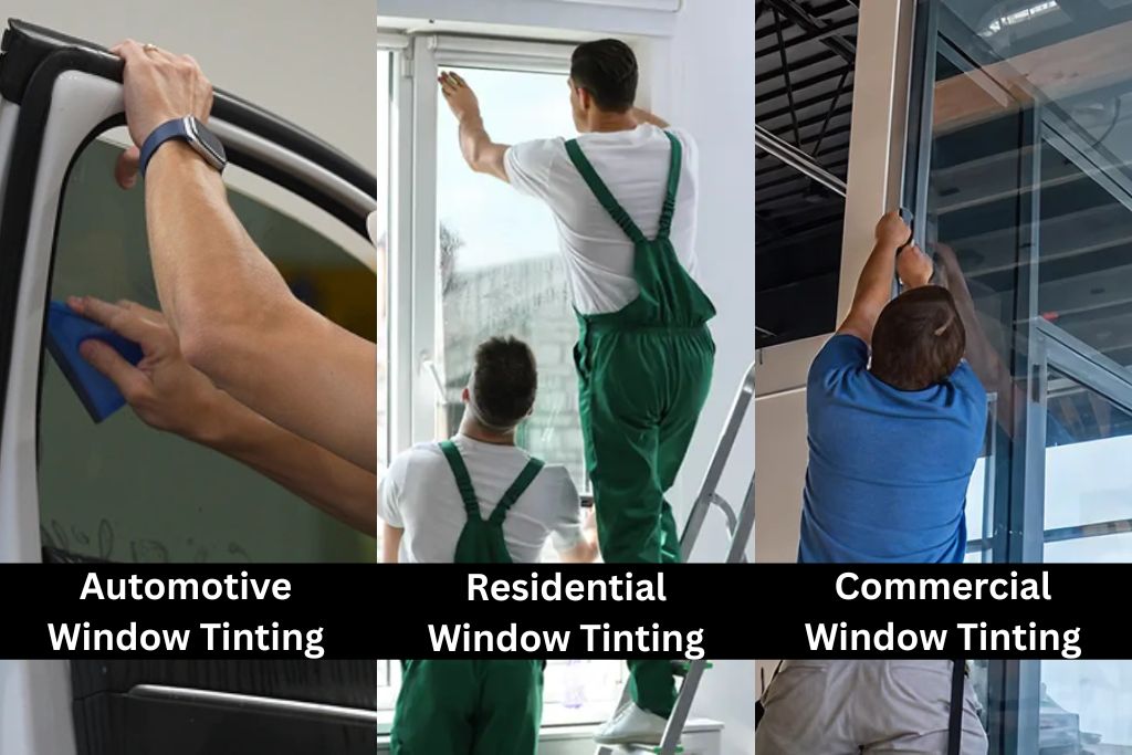 Three side-by-side images show different types of window tinting: automotive tinting with a person smoothing film onto a car window, residential tinting with a technician applying film to a large home window, and commercial tinting with a worker installing film on an office glass wall. These illustrate the versatility of window tinting solutions for vehicles, homes, and businesses.