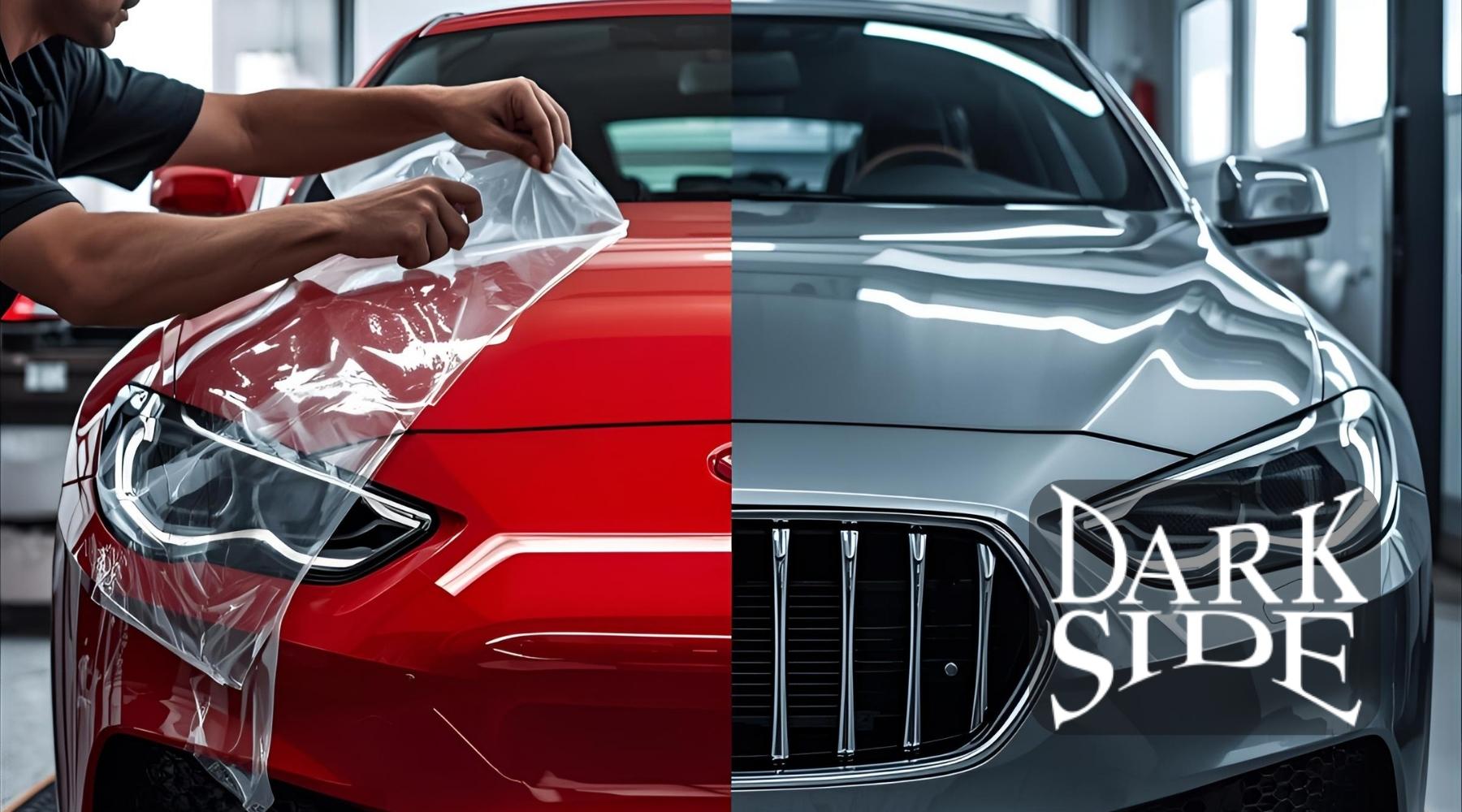 Technician installing paint protection film on the front of a red car, shown side-by-side with a protected gray vehicle featuring Dark Side Window Tinting branding.
