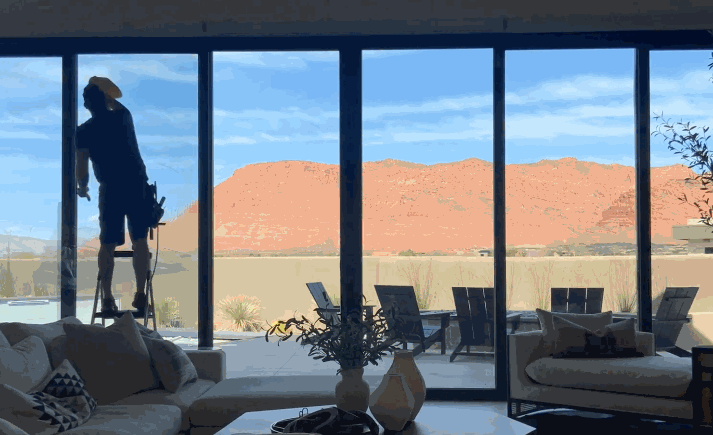 Installer on a ladder applying home window tinting to tall glass doors inside a living room with a clear view of a desert landscape outside.