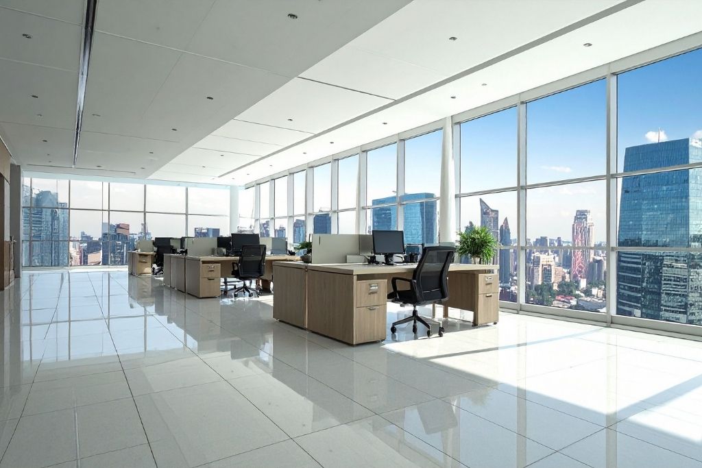 Bright modern office with floor-to-ceiling windows and computer workstations exposed to strong natural sunlight and potential screen glare.