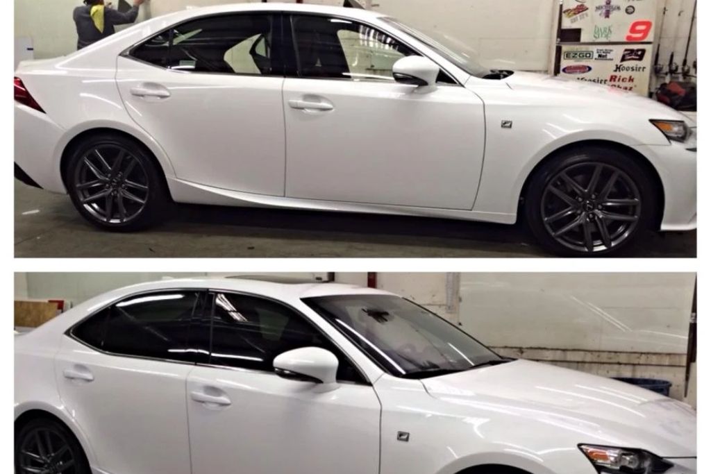 White sedan shown before and after professional window tint installation with darker side and rear windows.