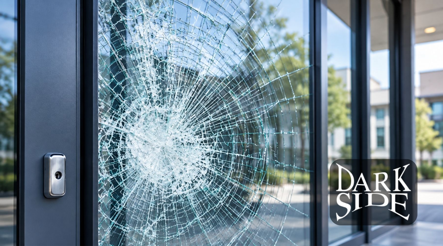 Shattered commercial glass door with broken glass held together after impact and Dark Side Window Tinting logo.