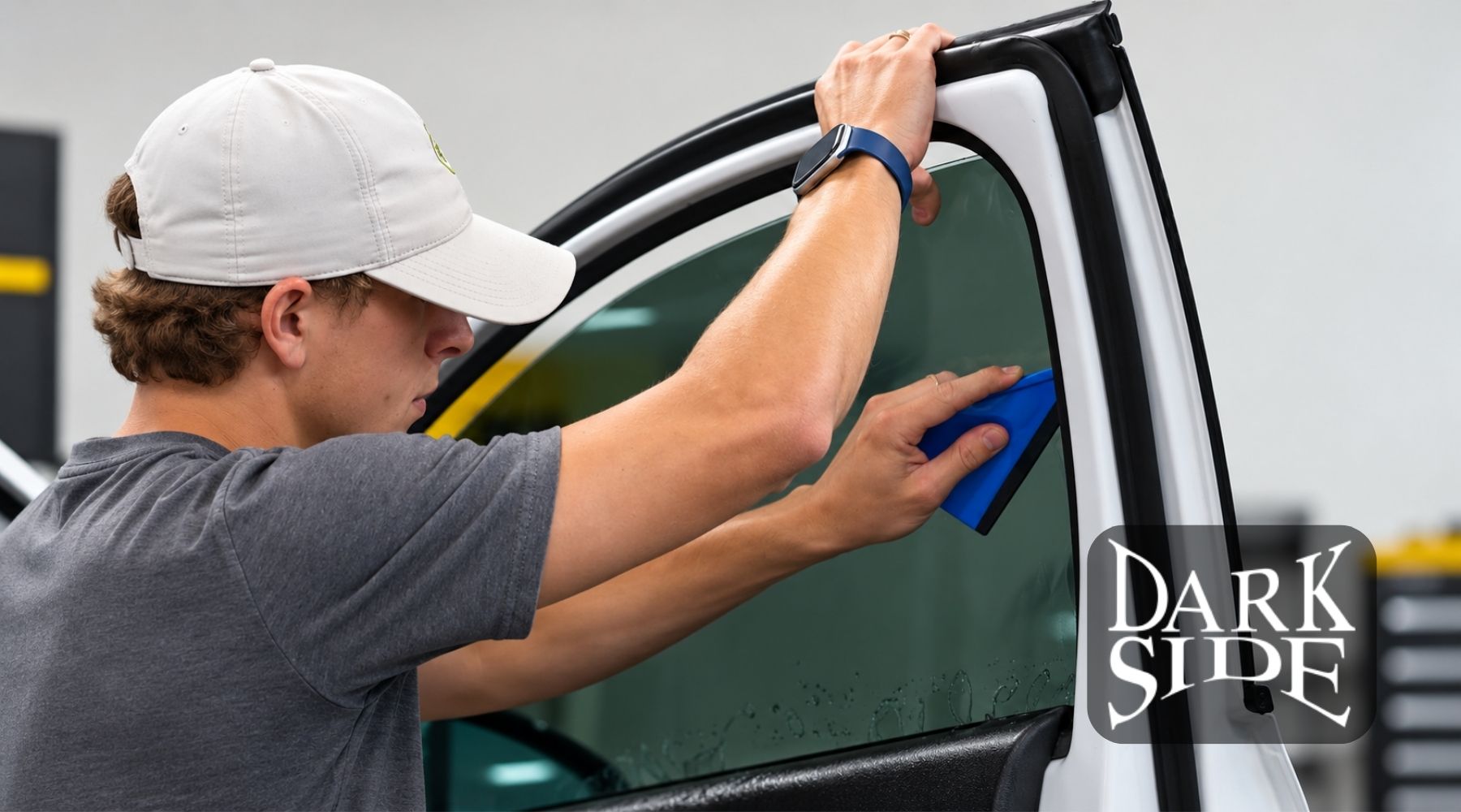 Technician installing window tint on a vehicle door window inside an automotive tint shop.